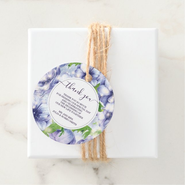 Étiquettes Cadeau Floral Anemone Violet Mariage merci (En situation)