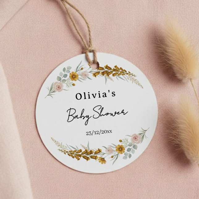 Étiquettes Cadeau Floral Baby Shower yellow wildflower watercolor (Créateur téléchargé)
