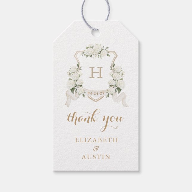 Étiquettes-cadeau Floral Blanc Hydrangea Crest Mariage Merci (Devant)