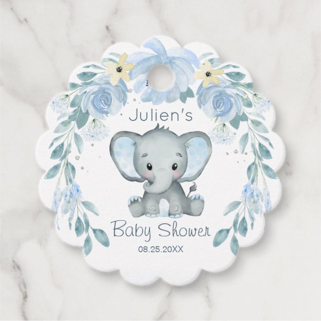 Étiquettes Cadeau Floral Blue Elephant Baby shower Favoriser les éti (Devant)