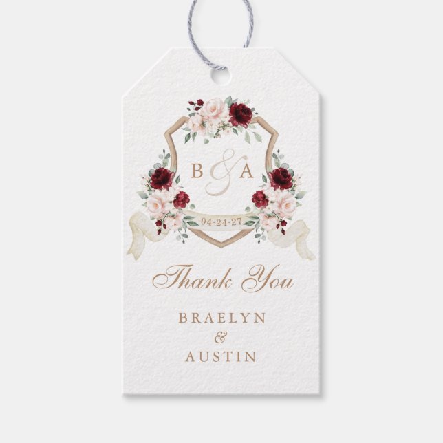 Étiquettes-cadeau Floral Blush Burgundy Crest Mariage Merci (Devant)
