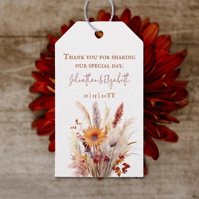 Étiquettes-cadeau Floral Boho d'automne | Mariage blanc (Autumn Boho Floral White Wedding Favor Tags)