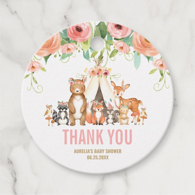 Étiquettes Cadeau Floral Bois Animaux Baby shower Fille Merci (Devant)