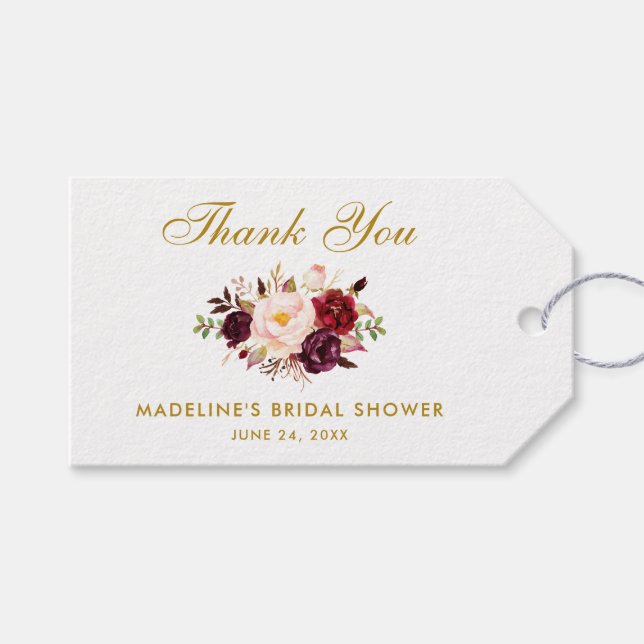 Étiquettes-cadeau Floral Bourgogne Gold Fête des mariées Merci (Devant (Horizontal))