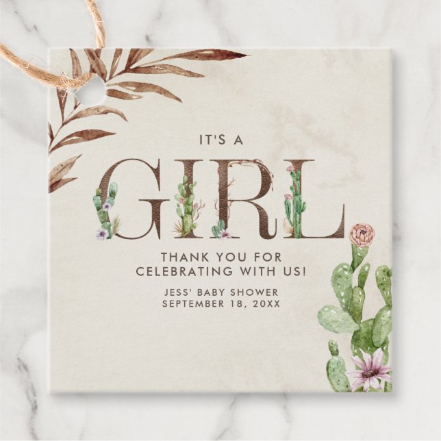 Étiquettes Cadeau Floral Cactus Baby shower fille en cuir (Devant)