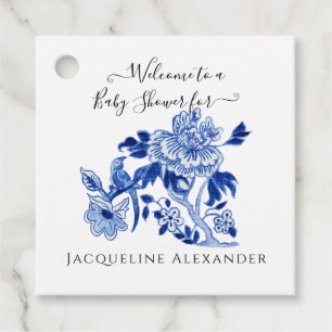 Étiquettes Cadeau Floral Chinoiserie Marine bleu Baby shower blanc F