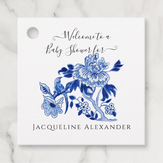 Étiquettes Cadeau Floral Chinoiserie Marine bleu Baby shower blanc F (Devant)