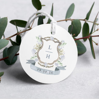 Étiquettes Cadeau Floral Crest Aquarelle Monogramme Mariage