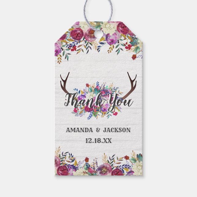 Étiquettes-cadeau Floral Deer Antler Bouquet Mariage Merci (Devant)