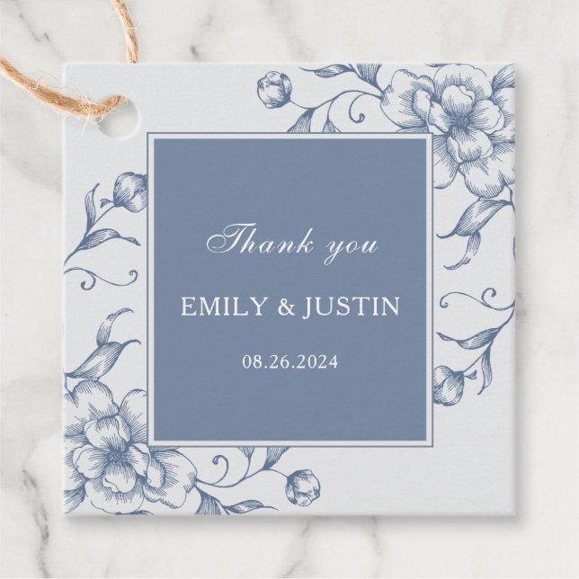 Étiquettes Cadeau Floral Dusty Bleu Élégant Merci de mariage (Devant)
