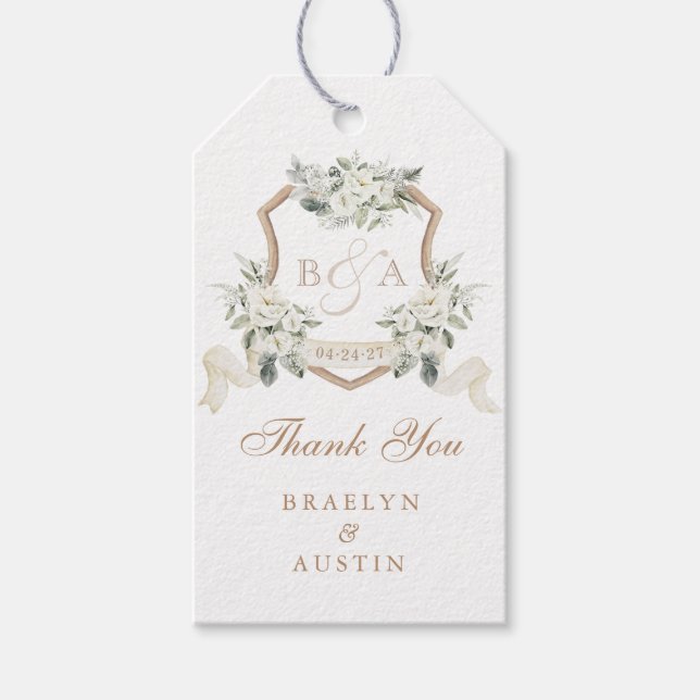 Étiquettes-cadeau Floral Elégant Crête Mariage Merci (Devant)