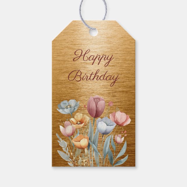 Étiquettes-cadeau Floral Gold Foil Joyeux anniversaire (Devant)