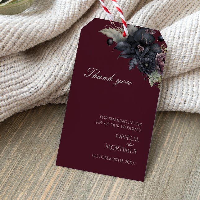 Étiquettes-cadeau Floral gothique foncé Bourgogne Merci Mariage (Créateur téléchargé)