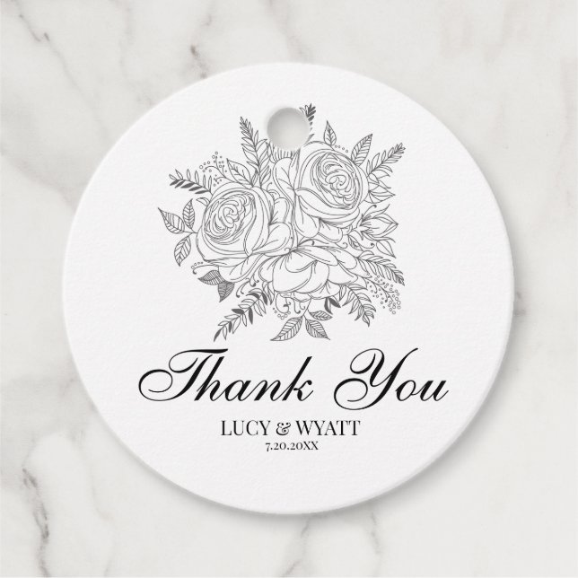 Étiquettes Cadeau Floral Merci moderne noir et blanc (Devant)