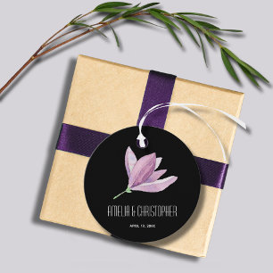 Étiquettes Cadeau Floral Merci violet sur noir