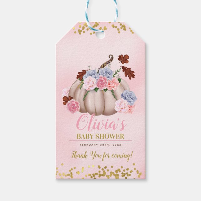 Étiquettes-cadeau Floral Petit Citrouille Baby shower de fille Merci (Devant)