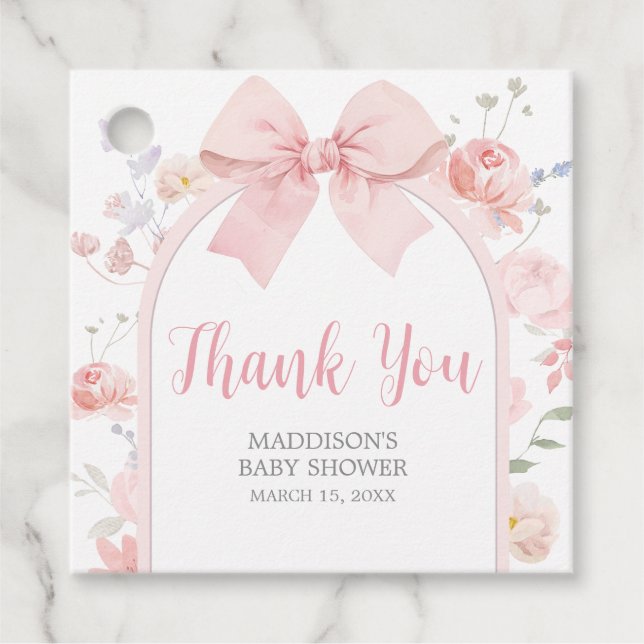 Étiquettes Cadeau Floral Pink Bow Baby in Bloom Baby Shower (Devant)