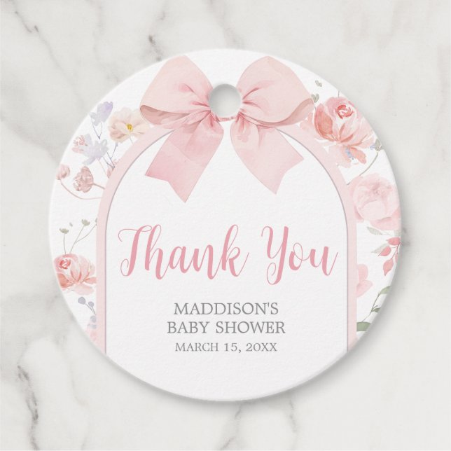 Étiquettes Cadeau Floral Pink Bow Baby in Bloom Baby Shower (Devant)