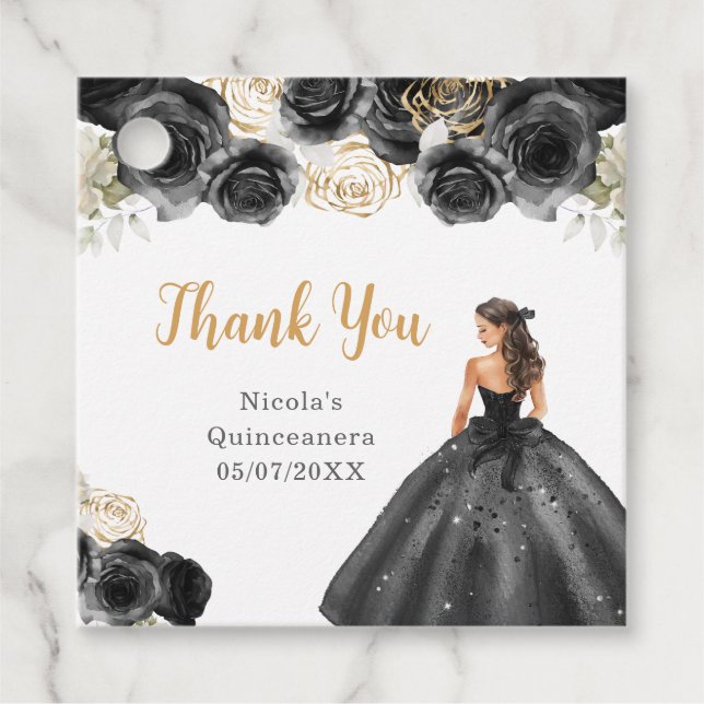 Étiquettes Cadeau Floral Princess in Black Dress Quinceanera (Devant)