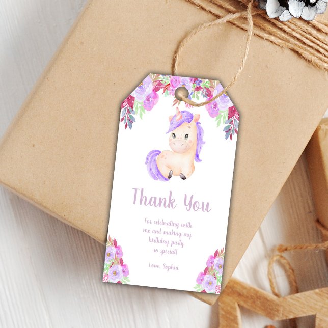 Étiquettes-cadeau Floral Purple Unicorn Anniversaire Balises cadeaux (Floral Purple Unicorn Birthday Gift Tags)