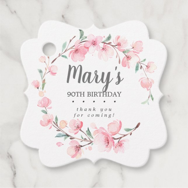 Étiquettes Cadeau Floral rose 90e anniversaire Merci (Devant)