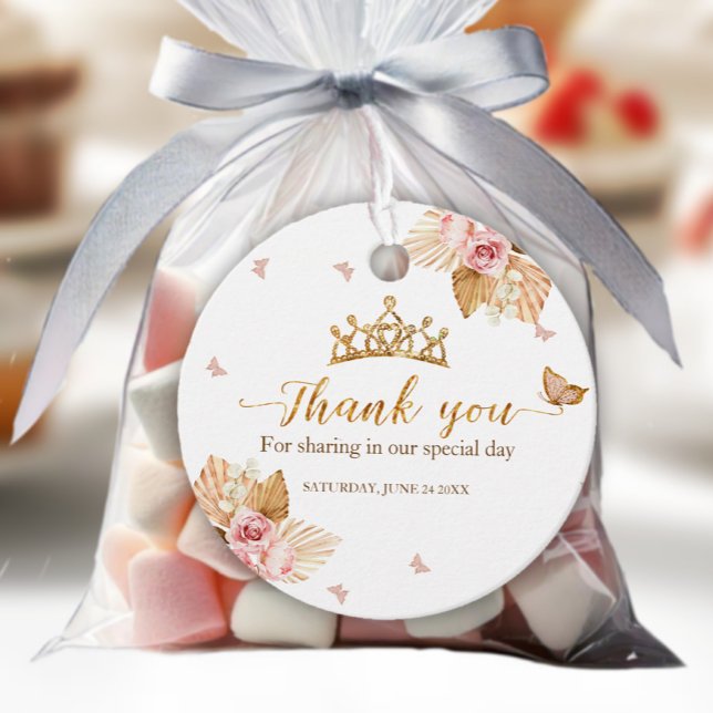 Étiquettes Cadeau Floral Rose Blush Gown Quinceanera Favoriser les é (Créateur téléchargé)