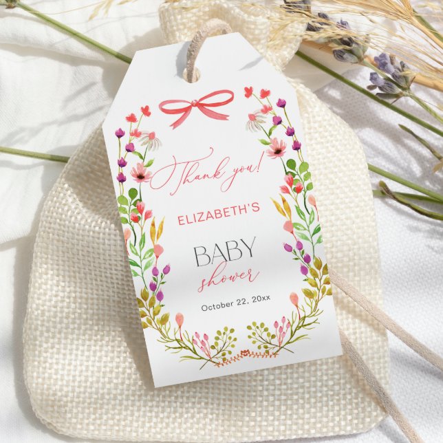 Étiquettes-cadeau Floral Vert Bow rose Baby shower rustique (Créateur téléchargé)