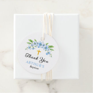 Étiquettes Cadeau Floraux bleus et croix d'or baptême garçon Merci