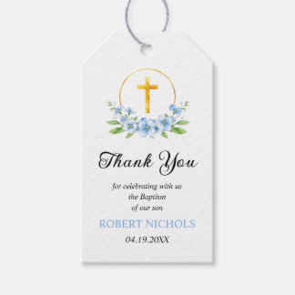 Étiquettes-cadeau Floraux bleus et croix d'or baptême garçon Merci