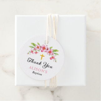 Étiquettes Cadeau Floraux roses et croix d'or baptême fille Merci