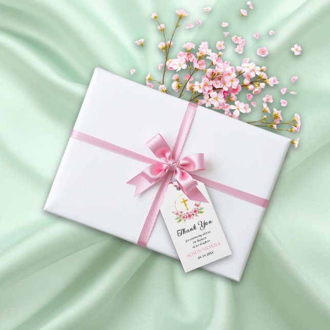 Étiquettes-cadeau Floraux roses et croix d'or baptême fille Merci (Créateur téléchargé)