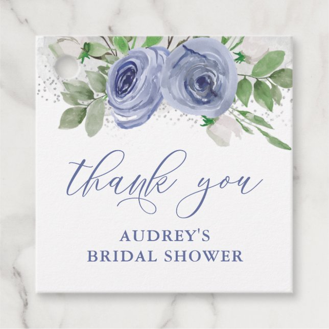 Étiquettes Cadeau Flore bleue et argent, Merci Favoriser les étiquet (Devant)