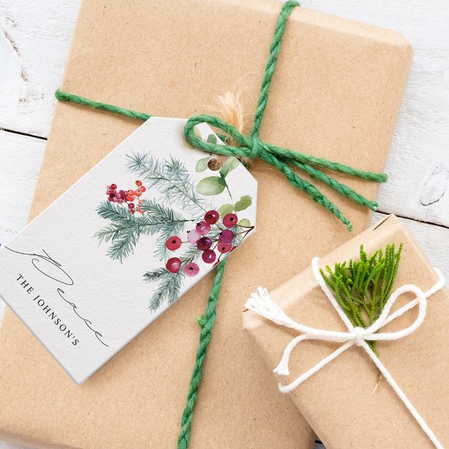 Étiquettes-cadeau Flore hivernale élégante à l'aquarelle avec des ba (Elegant Watercolor Winter Greenery Red Berries Gift Tags)
