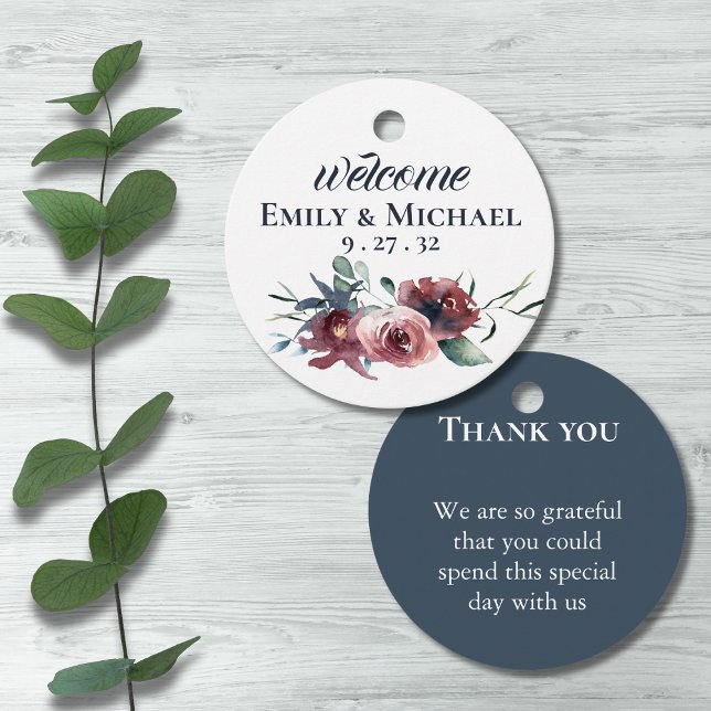 Étiquettes Cadeau Flore moderne Bourgogne Marine Peach Blush Circle (Créateur téléchargé)