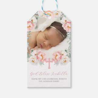 Étiquettes-cadeau Flore rose avec photo Baptême Faveurs