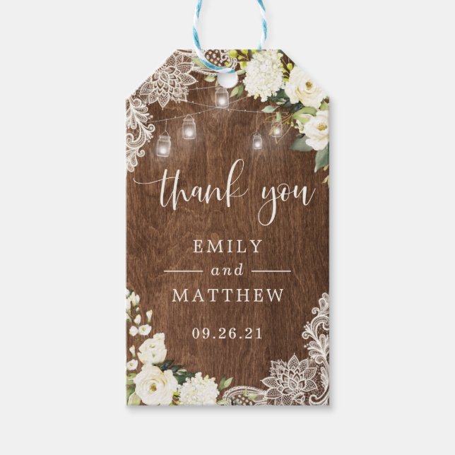 Étiquettes-cadeau Flore Rustique dentelle de bois éclaire les jarres (Devant)