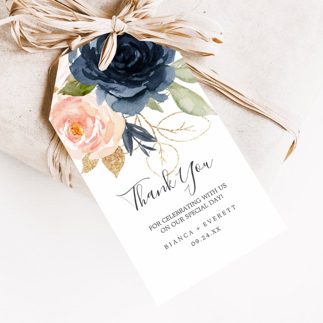 Étiquettes-cadeau Flush et Navy Flowers | White Merci Favor (Créateur téléchargé)