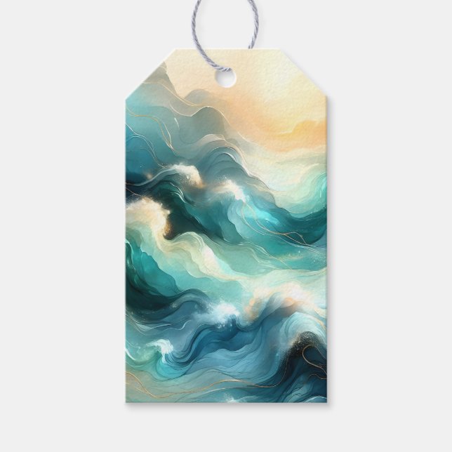 Étiquettes-cadeau Flux d'océan doré Vagues abstraites (Devant)