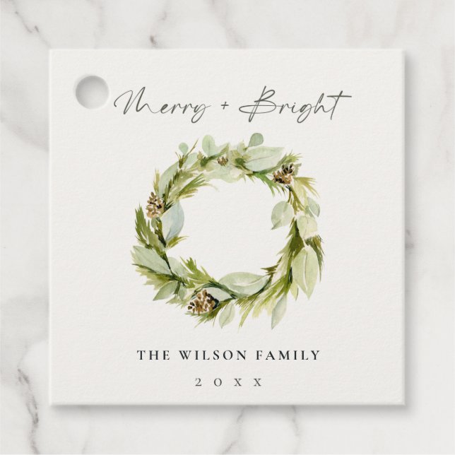 Étiquettes Cadeau Folithe Wreath d'hiver Joyeux et brillant Hol de N (Devant)