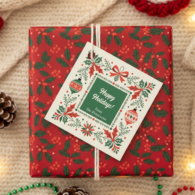 Étiquettes Cadeau Folk Art Holly Wreath and Orament Christmas (Créateur téléchargé)