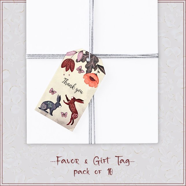 Étiquettes-cadeau Folk Art Rabbit Papillon Hygge Floral Anniversaire (Créateur téléchargé)