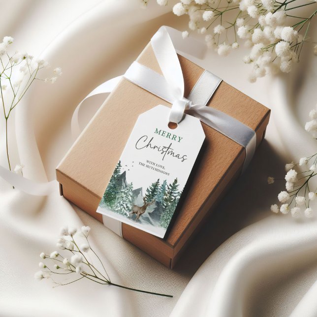 Étiquettes-cadeau Forêt de pins de Noël à l'aquarelle verte de fêtes (Créateur téléchargé)