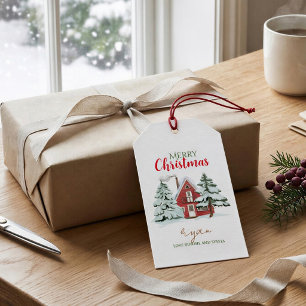 Étiquettes-cadeau Forêt d'hiver Ferme Rouge Grange Rustique Noël