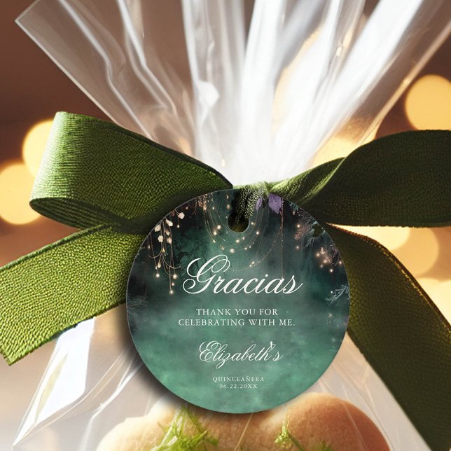Étiquettes Cadeau Forêt enchantée Magie verte Lavande Quinceanera (quinceanera thank you favor tag enchanted forest theme emerald green lavender pink blush)