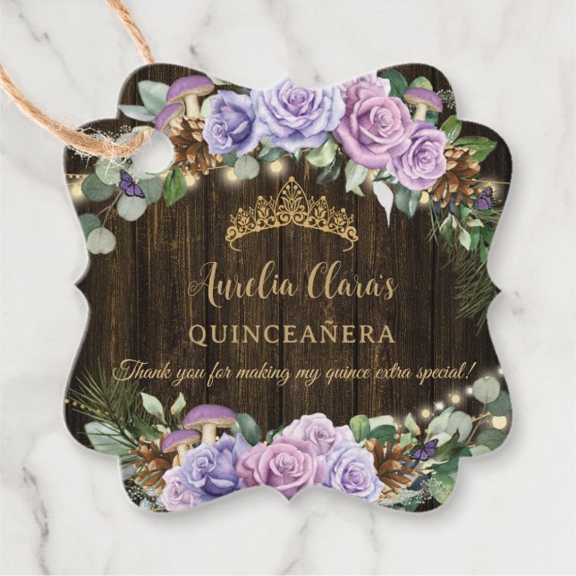 Étiquettes Cadeau Forêt Enchantée Rustique violet Floral Quinceañera (Devant)