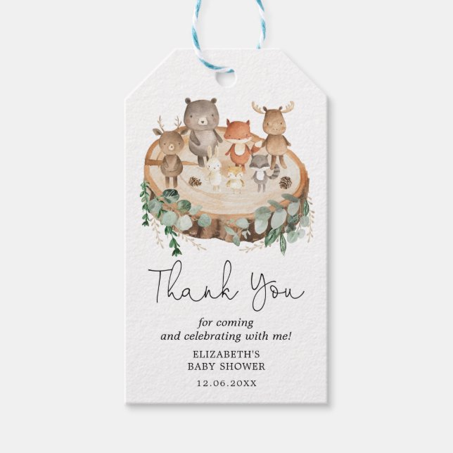 Étiquettes-cadeau Forêt rustique Bois Animaux Baby shower Faveurs (Devant)