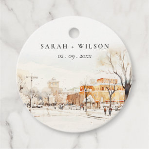 Étiquettes Cadeau Forgo North Dakota City Scape Mariage d'aquarelle