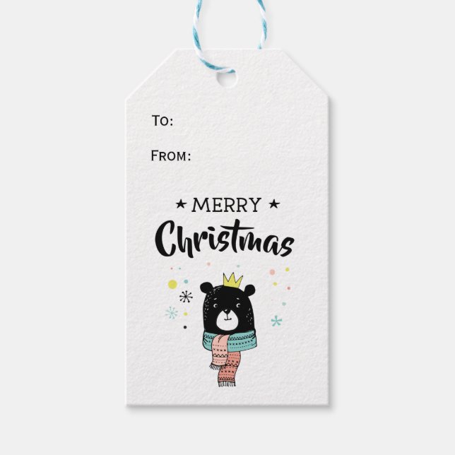 Étiquettes-cadeau Foulard d'ours noir rétro joyeux étoiles de noël (Devant)