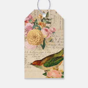Étiquettes-cadeau Français Vintage oiseau-chanteur rose or roux ros