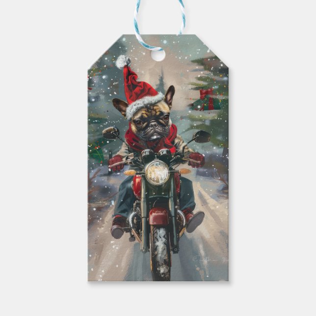 Étiquettes-cadeau French Bulldog Riding Moto Noël (Devant)